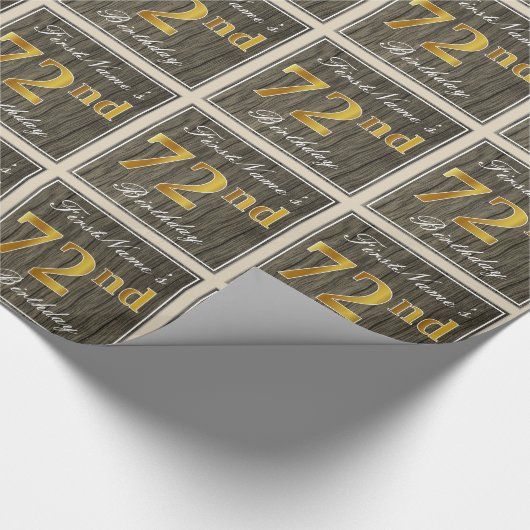 エレガント木フェイク、フェイク金ゴールド72番目の誕生日+名前 ラッピングペーパー (角)