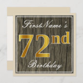 エレガント木フェイク、フェイク金ゴールド72番目の誕生日+名前 招待状 (正面/裏面)