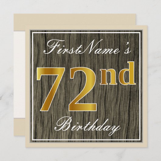 エレガント木フェイク、フェイク金ゴールド72番目の誕生日+名前 招待状 (正面/裏面)