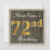 エレガント木フェイク、フェイク金ゴールド72番目の誕生日+名前 招待状 (正面)