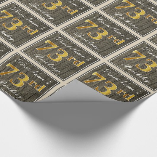 エレガント木フェイク、フェイク金ゴールド73番目の誕生日+名前 ラッピングペーパー (角)