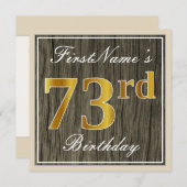 エレガント木フェイク、フェイク金ゴールド73番目の誕生日+名前 招待状 (正面/裏面)