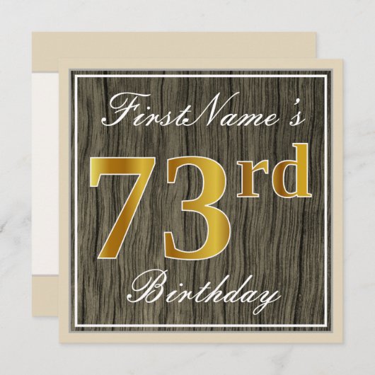 エレガント木フェイク、フェイク金ゴールド73番目の誕生日+名前 招待状 (正面/裏面)