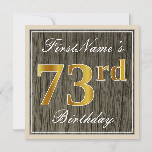 エレガント木フェイク、フェイク金ゴールド73番目の誕生日+名前 招待状 (正面)