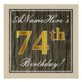 エレガント木フェイク、フェイク金ゴールド74番目の誕生日+名前 ポスター (正面)