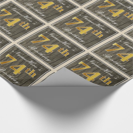 エレガント木フェイク、フェイク金ゴールド74番目の誕生日+名前 ラッピングペーパー (角)