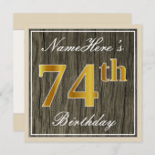 エレガント木フェイク、フェイク金ゴールド74番目の誕生日+名前 招待状 (正面/裏面)