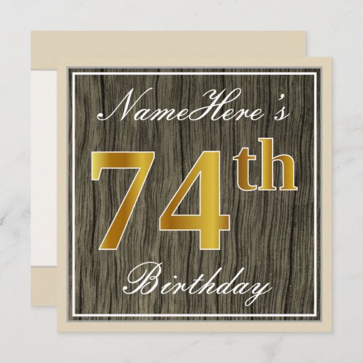 エレガント木フェイク、フェイク金ゴールド74番目の誕生日+名前 招待状 (正面/裏面)