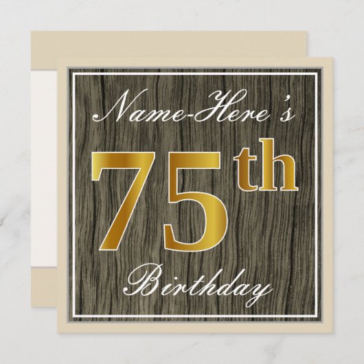 エレガント木フェイク、フェイク金ゴールド75誕生日+名前 招待状 (正面/裏面)