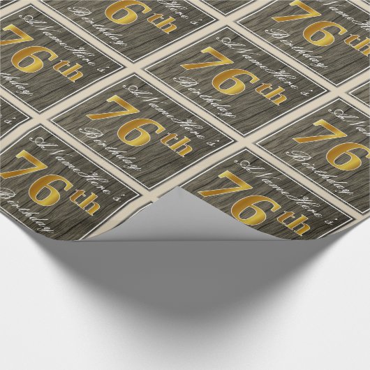 エレガント木フェイク、フェイク金ゴールド76番目の誕生日+名前 ラッピングペーパー (角)