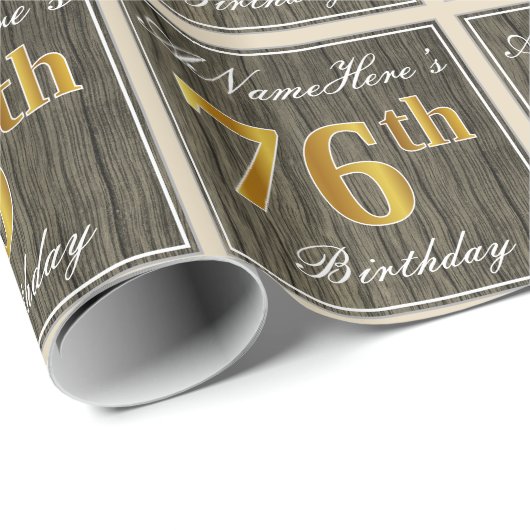 エレガント木フェイク、フェイク金ゴールド76番目の誕生日+名前 ラッピングペーパー (ロールコーナー)