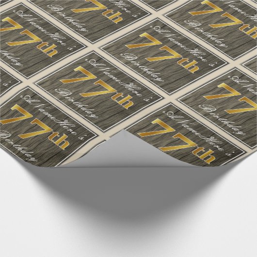 エレガント木フェイク、フェイク金ゴールド77誕生日+名前 ラッピングペーパー (角)