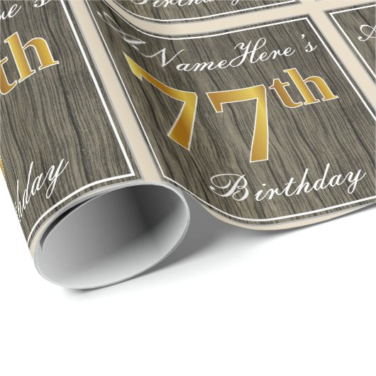 エレガント木フェイク、フェイク金ゴールド77誕生日+名前 ラッピングペーパー (ロールコーナー)