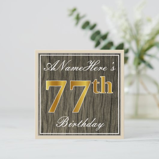エレガント木フェイク、フェイク金ゴールド77誕生日+名前 招待状 (スタンド正面)