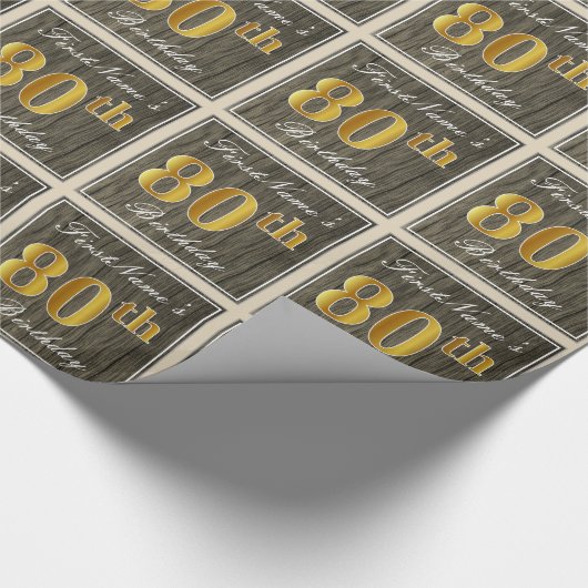 エレガント木フェイク、フェイク金ゴールド80番目の誕生日+名前 ラッピングペーパー (角)