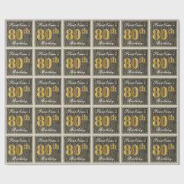 エレガント木フェイク、フェイク金ゴールド80番目の誕生日+名前 ラッピングペーパー