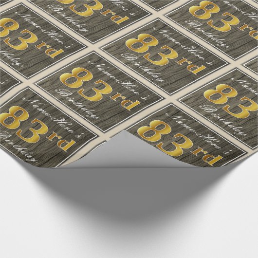 エレガント木フェイク、フェイク金ゴールド83番目の誕生日+名前 ラッピングペーパー (角)