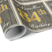 エレガント木フェイク、フェイク金ゴールド84番目の誕生日+名前 ラッピングペーパー (ロールコーナー)