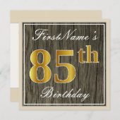 エレガント木フェイク、フェイク金ゴールド85誕生日+名前 招待状 (正面/裏面)