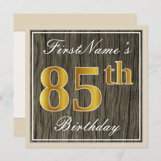 エレガント木フェイク、フェイク金ゴールド85誕生日+名前 招待状 (正面/裏面)