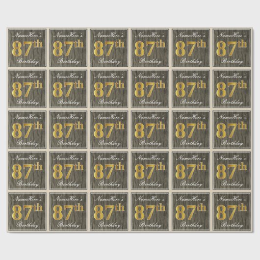 エレガント木フェイク、フェイク金ゴールド87番目の誕生日+名前 ラッピングペーパー (フラット)