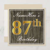 エレガント木フェイク、フェイク金ゴールド87番目の誕生日+名前 招待状 (正面/裏面)