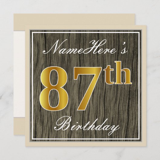 エレガント木フェイク、フェイク金ゴールド87番目の誕生日+名前 招待状 (正面/裏面)