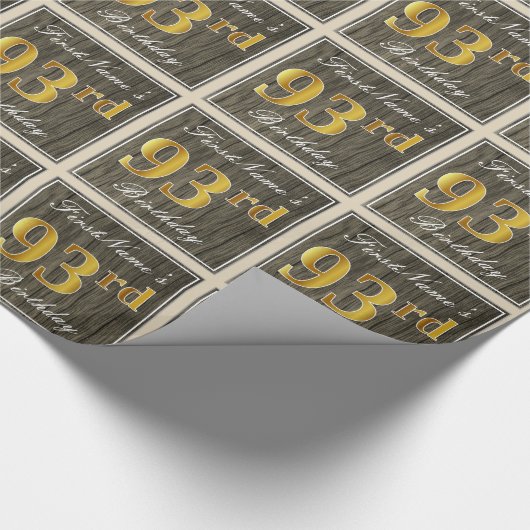 エレガント木フェイク、フェイク金ゴールド93番目の誕生日+名前 ラッピングペーパー (角)