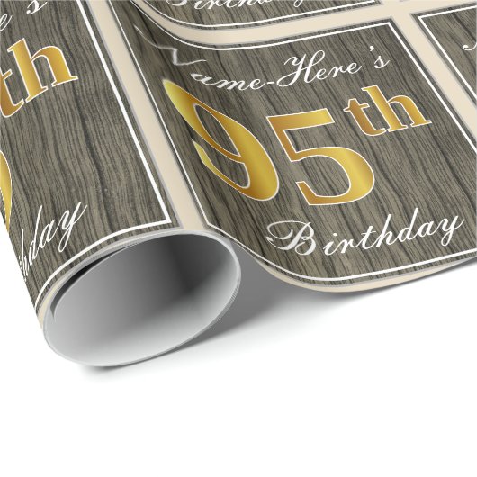 エレガント木フェイク、フェイク金ゴールド95誕生日+名前 ラッピングペーパー (ロールコーナー)