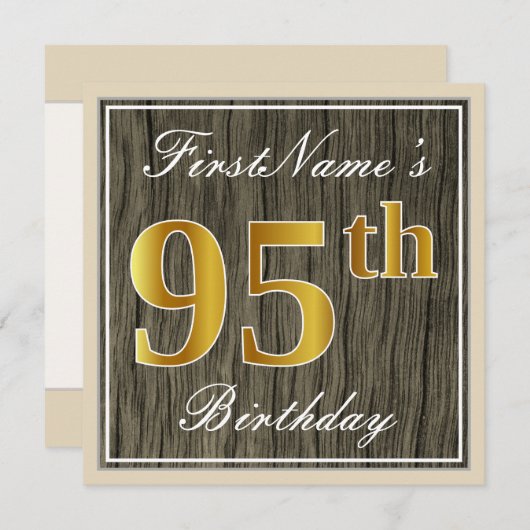 エレガント木フェイク、フェイク金ゴールド95誕生日+名前 招待状 (正面/裏面)