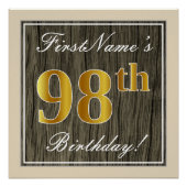 エレガント木フェイク、フェイク金ゴールド98誕生日+名前 ポスター (正面)
