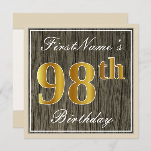 エレガント木フェイク、フェイク金ゴールド98誕生日+名前 招待状 (正面/裏面)