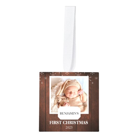 エレガント木素朴ベビー初めてのクリスマス4 Photo キューブオーナメント (正面)