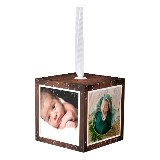 エレガント木素朴ベビー初めてのクリスマス4 Photo キューブオーナメント (裏面アングル)