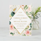 エレガント枠ピンクの赤面の結婚花 招待状 (スタンド正面)