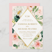 エレガント枠ピンクの赤面の結婚花 招待状 (正面/裏面)