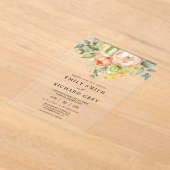 エレガント桃と緑のフローラの結婚葉 アクリル招待状 (レイダウン)