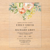 エレガント桃と緑のフローラの結婚葉 アクリル招待状 (正面)