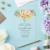 エレガント桃と緑のフローラの結婚葉 アクリル招待状 (インサイチュ (ウェディング))