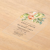エレガント桃と緑のフローラの結婚葉 アクリル招待状 (レイダウン)