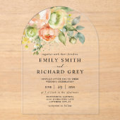 エレガント桃と緑のフローラの結婚葉 アクリル招待状 (正面)