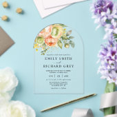 エレガント桃と緑のフローラの結婚葉 アクリル招待状 (インサイチュ (ウェディング))