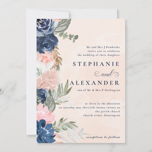 エレガント桃と青フォーマル結婚の 招待状 (正面)