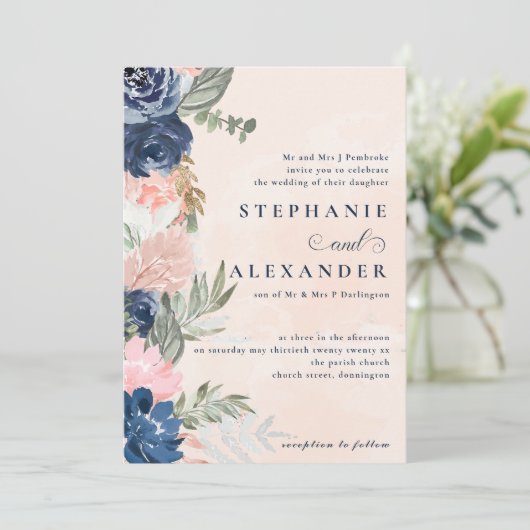 エレガント桃と青フォーマル結婚の 招待状 (スタンド正面)