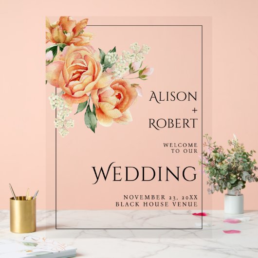 エレガント桃の牡丹結婚の花の歓迎 アクリルサイン (ウェディング)