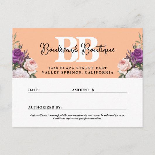 エレガント桃フローラショップ商品券カード ポストカード (裏面)