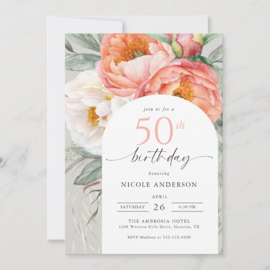 エレガント桃フローラフェミニン50誕生日 招待状 (正面)