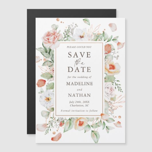 エレガント桃フローラ保存日 マグネット招待状 (正面/裏面)