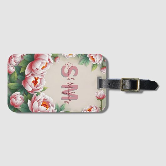 エレガント桃色の牡丹の花と緑豊かな離れ緑 ラゲッジタグ (正面横)