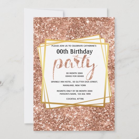 エレガント桃金ゴールドグリッター誕生日パーティー 招待状 (正面)